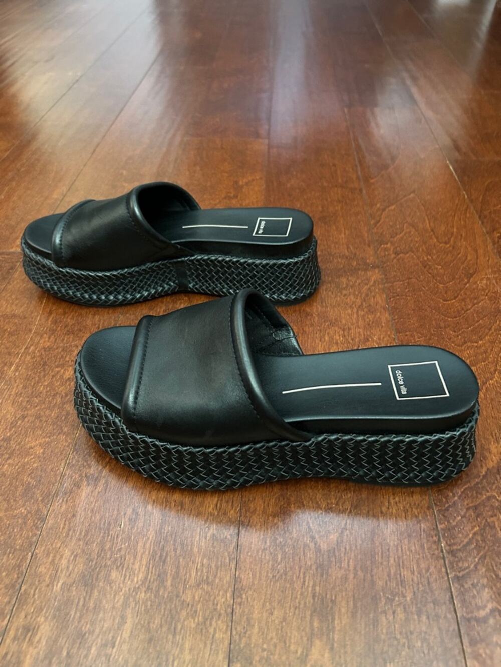Dolce Vita Wimsyn Black Leather Platform Slide with Woven Platform, Size 8.5